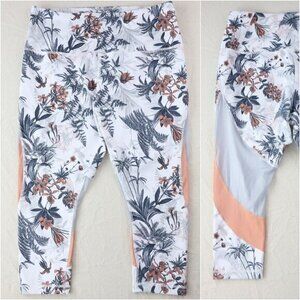 Zella Yoga Crop Pants XL Capri Leggings White Floral Silver Orange Sheer Mesh